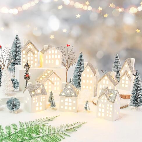 29Pcs Ceramic Christmas Village Set with Tea Light Christmas Pine Trees Xmas Street Lamp White Porcelain House Mantle Tabletop Christmas Decoration(Built in LR44) in Saudi Arabia
