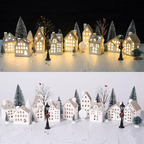 29Pcs Ceramic Christmas Village Set with Tea Light Christmas Pine Trees Xmas Street Lamp White Porcelain House Mantle Tabletop Christmas Decoration(Built in LR44) in Saudi Arabia
