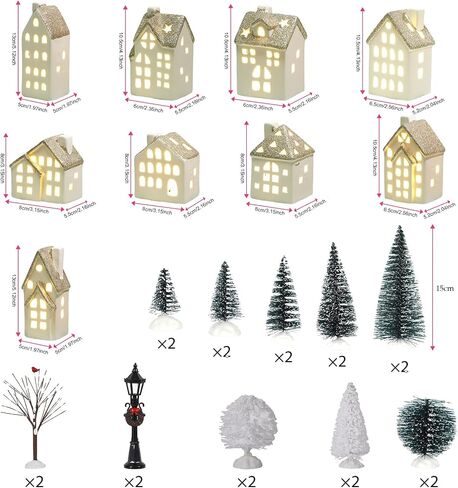 29Pcs Ceramic Christmas Village Set with Tea Light Christmas Pine Trees Xmas Street Lamp White Porcelain House Mantle Tabletop Christmas Decoration(Built in LR44) in Saudi Arabia