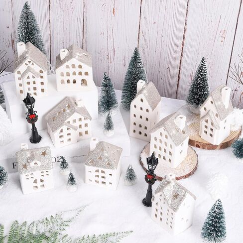 29Pcs Ceramic Christmas Village Set with Tea Light Christmas Pine Trees Xmas Street Lamp White Porcelain House Mantle Tabletop Christmas Decoration(Built in LR44) in Saudi Arabia
