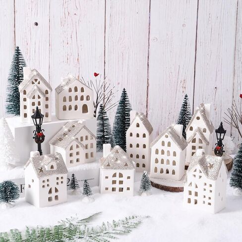 29Pcs Ceramic Christmas Village Set with Tea Light Christmas Pine Trees Xmas Street Lamp White Porcelain House Mantle Tabletop Christmas Decoration(Built in LR44) in Saudi Arabia