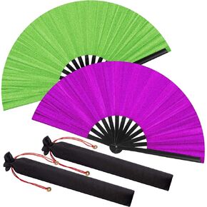 Maitys Large Clap Fans for Line Dancing Large Chinese Folding Hand Fans for Men and Women, Festival, Tai Ji, Kungfu, Martial Art, Gifts(Glitter Purple and Green,2 Packs) in Kuwait