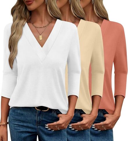Bliwov 3pack Womens Spring Summer Tops V Neck 3/4 Sleeve Outfits فضفاضة ملائمة بلوزة ناعمة الأعمال غير الرسمية Tunic T Tunic T in Kuwait