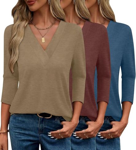 Bliwov 3pack Womens Spring Summer Tops V Neck 3/4 Sleeve Outfits فضفاضة ملائمة بلوزة ناعمة الأعمال غير الرسمية Tunic T Tunic T in Kuwait