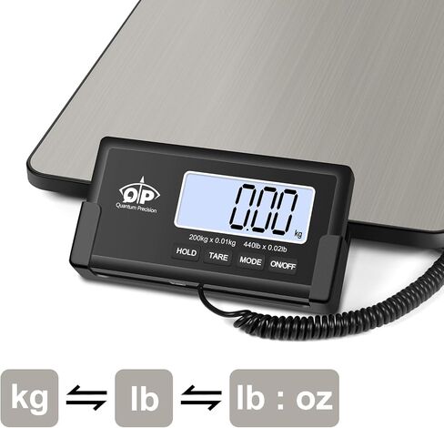 QP Shipping Scale, 440 lb/0.35 oz High Accuracy Digital Postal Scale, Postage Scale, Hold/Tare Function, Auto Off LCD Display, Lightweight Scale for Packages/Luggage/Pet, Battery & AC Adapter Included in Saudi Arabia