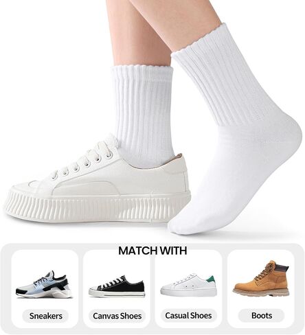 White Crew Socks for Women: 6 Pairs Cotton Casual Calf Socks in Kuwait