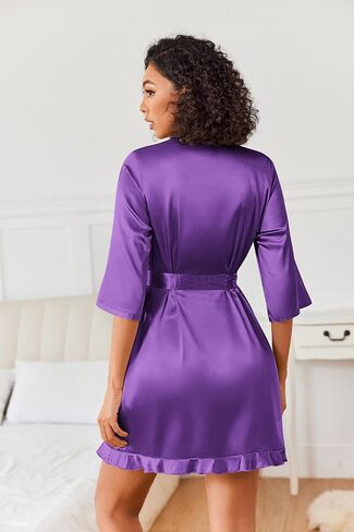 Ekouaer Women's Satin Robe Kimono Bathrobe Ruffled Hem Short Silk Robes Bride Bridesmaid Sleepwear with Pockets in Saudi Arabia