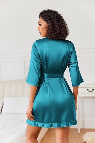 Ekouaer Women's Satin Robe Kimono Bathrobe Ruffled Hem Short Silk Robes Bride Bridesmaid Sleepwear with Pockets in Saudi Arabia