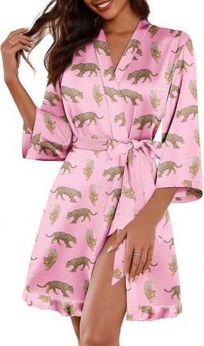 Ekouaer Women's Satin Robe Kimono Bathrobe Ruffled Hem Short Silk Robes Bride Bridesmaid Sleepwear with Pockets in Saudi Arabia
