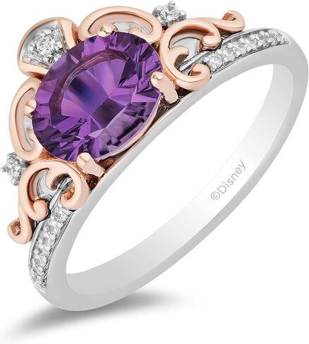 Jewelili Enchanted Disney Fine Jewelry Sterling Silver and 10K Rose Gold 8x6 MM Concave Oval Amethyst and Natural White Round Diamond Accent Stepsisters Ring in Saudi Arabia