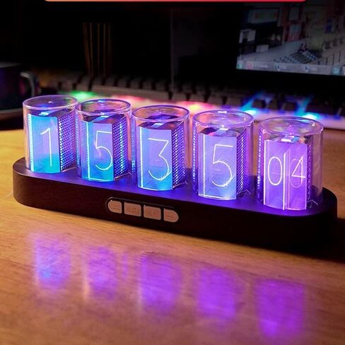 Adventurers Simulation Nixie Tube Clock, RGB Desk Clock, LED Tube Desk Clock with Imitation Wood Base & 24 Hour Clock, Suitable for Decorating Under Computer Monitor & on Bedside Table in Bedroom in Kuwait