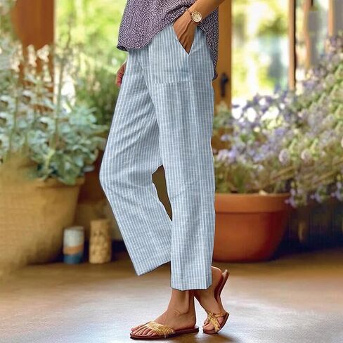 Side Stripe Pants Women for Beach Vacation Clothes for Women Linen Straight Leg Elastic Waist Womens 2025 Summer Outfits in Saudi Arabia