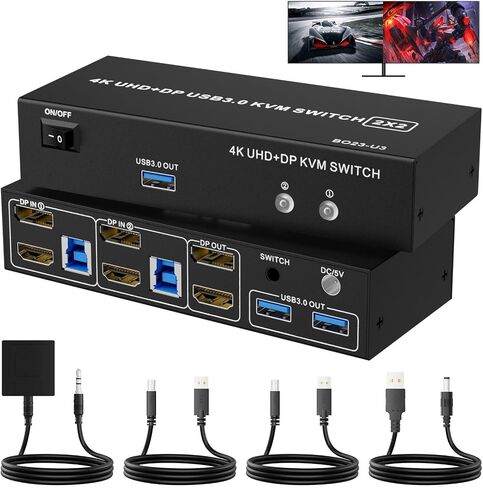 2 Ports Dual Monitor KVM Switch, 4K@60Hz KVM Switch 2 Monitors 2 Computers, KVM Dual Monitor HDMI Switcher 2x2 for 2 Computers Share 2 Displays and 5 USB 2.0 Ports, Wired Remote and USB Power Cable in Saudi Arabia