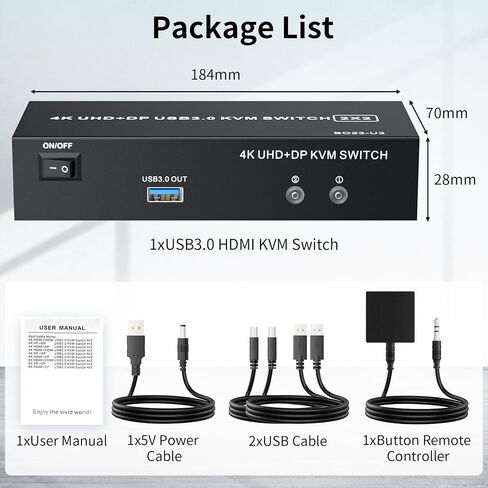 2 Ports Dual Monitor KVM Switch, 4K@60Hz KVM Switch 2 Monitors 2 Computers, KVM Dual Monitor HDMI Switcher 2x2 for 2 Computers Share 2 Displays and 5 USB 2.0 Ports, Wired Remote and USB Power Cable in Saudi Arabia