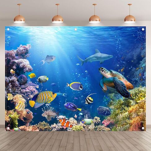 7x5ft Under The Sea Photography Backdrop Ocean Background | Underwater World, Baby Shower Party Supplies, Aquarium Coral Banner, Birthday Photo Booth, Polyester, Grommets, 1PC in Saudi Arabia