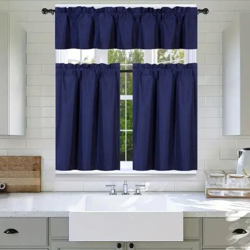 3Pc Set Solid Faux Silk Lined Blackout Rod Pocket Small Kitchen Window Curtain with Valance (K3) (SAGE Green) in Kuwait
