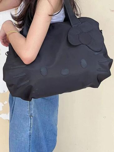 حقيبة اللياقة البدنية المضادة للماء كبيرة الحجم الأسود نايلون الأنيمي Cat Crossbody حقيبة سفر لطيف حقيبة البوب القوس القوس كيس القطط للنساء in Saudi Arabia