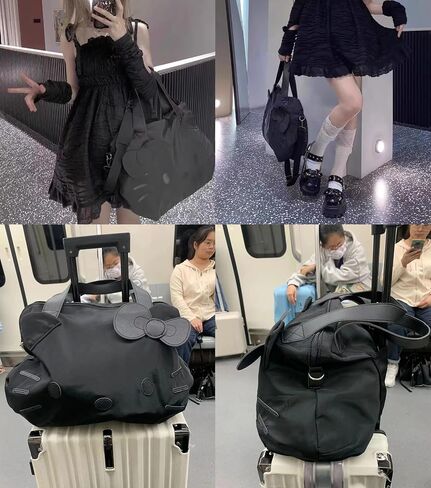 حقيبة اللياقة البدنية المضادة للماء كبيرة الحجم الأسود نايلون الأنيمي Cat Crossbody حقيبة سفر لطيف حقيبة البوب القوس القوس كيس القطط للنساء in Saudi Arabia