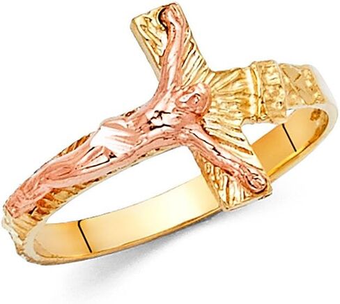 14k Yellow, Yellow-Rose, Yellow-Whtie Gold SOLID Crucifix Religious Ring in Saudi Arabia