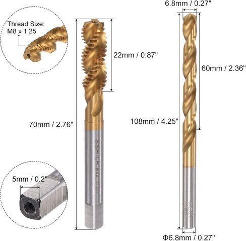 uxcell M6 x 1 Spiral Flute Tap and 5.0mm Twist Drill Bit Set, Metric Titanium Plated 6542 High Speed Steel Machine Threading Screw Thread Tap Drilling Tool in Saudi Arabia