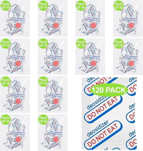 120-Pack 100cc Oxygen Absorbers for Food Storage - Vacuum Sealed in 10-Packs with Oxygen Indicator, Food Grade - Compatible with Mylar Bags, Mason Jars, Pantry Storage in Saudi Arabia