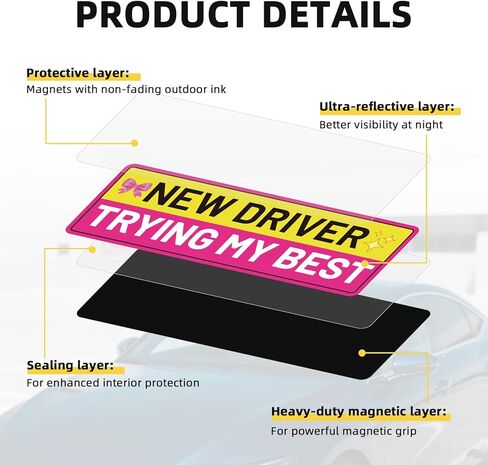 3pcs New Driver Magnet for Car, Student Driver Sticker Magnetic Sign Reflective Safety Pink Bumper Sticker Removable Funny Beginner Drivers Sign for Vehicles Car Accessories in Saudi Arabia