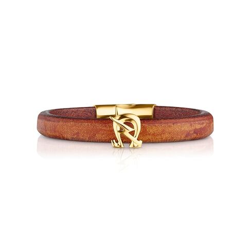 Omega Psi Phi Mens Leather and Stainless Steel Leather bracelet, SOBAT design (Tobacco, Gold-Plated Stainless Steel) in Saudi Arabia