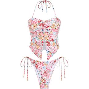 ZAFUL Floral Twist Bikini Set for Women Halter Tankini Tie Side String Swimsuit Two Piece Bathing Suit in Saudi Arabia