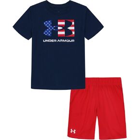 طقم ملابس خارجية للأولاد من Under Armour، سروال متماسك وقميص علوي ومجموعة قصيرة، علم الحرية الأحمر، 5 US in Kuwait