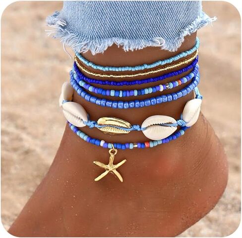 17IF 7 PCS سوار قذيفة ملونة من طراز Anklet للنساء ، Boho Bead Strech قابلة للتعديل شاطئ البحر الساحلي النجوم conch سلسلة الصيف الهدية مجوهرات السفر in Kuwait