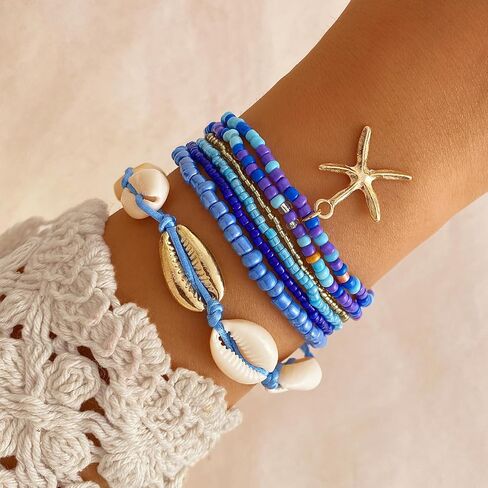 17IF 7 PCS سوار قذيفة ملونة من طراز Anklet للنساء ، Boho Bead Strech قابلة للتعديل شاطئ البحر الساحلي النجوم conch سلسلة الصيف الهدية مجوهرات السفر in Kuwait