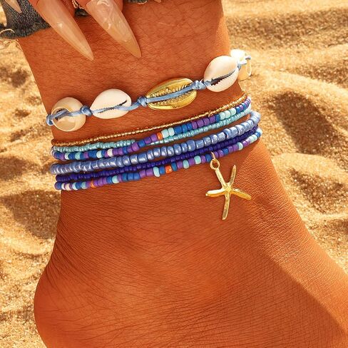 17IF 7 PCS سوار قذيفة ملونة من طراز Anklet للنساء ، Boho Bead Strech قابلة للتعديل شاطئ البحر الساحلي النجوم conch سلسلة الصيف الهدية مجوهرات السفر in Kuwait