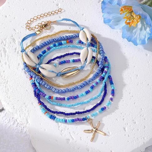 17IF 7 PCS سوار قذيفة ملونة من طراز Anklet للنساء ، Boho Bead Strech قابلة للتعديل شاطئ البحر الساحلي النجوم conch سلسلة الصيف الهدية مجوهرات السفر in Kuwait