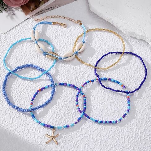 17IF 7 PCS سوار قذيفة ملونة من طراز Anklet للنساء ، Boho Bead Strech قابلة للتعديل شاطئ البحر الساحلي النجوم conch سلسلة الصيف الهدية مجوهرات السفر in Kuwait