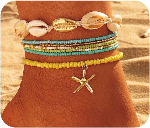 17IF 7 PCS سوار قذيفة ملونة من طراز Anklet للنساء ، Boho Bead Strech قابلة للتعديل شاطئ البحر الساحلي النجوم conch سلسلة الصيف الهدية مجوهرات السفر in Kuwait