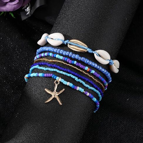 17IF 7 PCS سوار قذيفة ملونة من طراز Anklet للنساء ، Boho Bead Strech قابلة للتعديل شاطئ البحر الساحلي النجوم conch سلسلة الصيف الهدية مجوهرات السفر in Kuwait