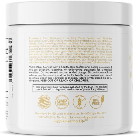 اللبأ بواسطة MD Logic Health® من أجل الدعم الصحي المناعي ، والأمعاء ، والمفاصل والعضلات ، - كولوستروم نشط بيولوجي نقي ، قوي ، منخفض الجزيئي - 180 جرام - 60 حصصًا - تم إجراؤه في نيويورك in Saudi Arabia