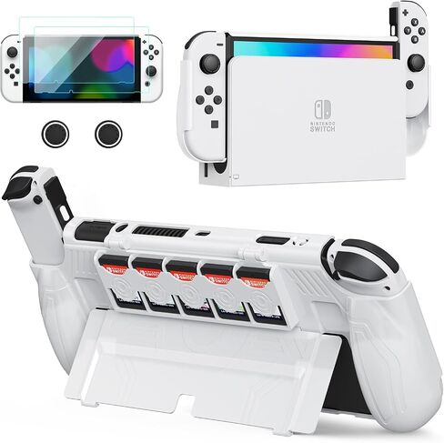 JEMDO Dockable Protective Case for Nintendo Switch OLED 2021 with 5 Game Card Slots,Ergonomic Comfort Grip,Shockproof Dockable Cover Accessories, Tempered Glass, Joy-Con Thumb Grips,Black-Set in Kuwait