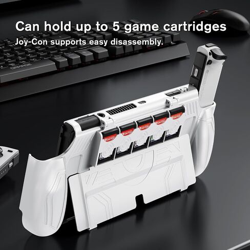 JEMDO Dockable Protective Case for Nintendo Switch OLED 2021 with 5 Game Card Slots,Ergonomic Comfort Grip,Shockproof Dockable Cover Accessories, Tempered Glass, Joy-Con Thumb Grips,Black-Set in Kuwait