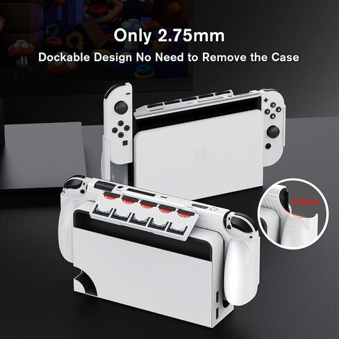 JEMDO Dockable Protective Case for Nintendo Switch OLED 2021 with 5 Game Card Slots,Ergonomic Comfort Grip,Shockproof Dockable Cover Accessories, Tempered Glass, Joy-Con Thumb Grips,Black-Set in Kuwait
