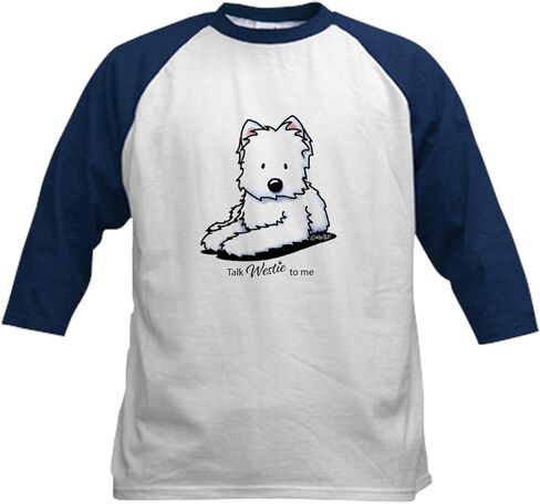 CafePress KiniArt Talk Westie to Me Kids Baseball T Shirt Kids Cotton Baseball Jersey, 3/4 Raglan Sleeve Shirt in Saudi Arabia