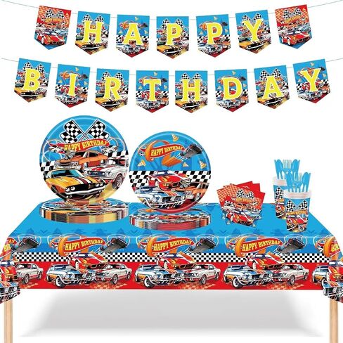 Monster Truck Birthday Decorations Tableware 170pcs Racing Car Theme Party Supplies Set Include Banner, Plates, Plates, Napkins, Cups, Forks, Spoons, Knives and Tablecloth Kit for Serve 24 Guests in Saudi Arabia