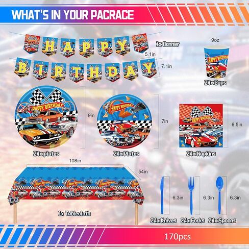 Monster Truck Birthday Decorations Tableware 170pcs Racing Car Theme Party Supplies Set Include Banner, Plates, Plates, Napkins, Cups, Forks, Spoons, Knives and Tablecloth Kit for Serve 24 Guests in Saudi Arabia