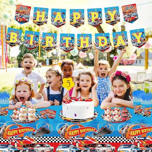 Monster Truck Birthday Decorations Tableware 170pcs Racing Car Theme Party Supplies Set Include Banner, Plates, Plates, Napkins, Cups, Forks, Spoons, Knives and Tablecloth Kit for Serve 24 Guests in Saudi Arabia