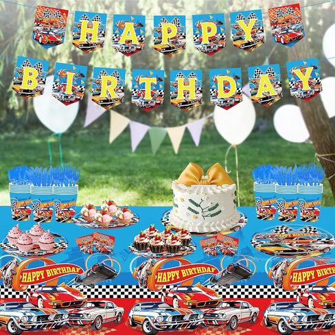 Monster Truck Birthday Decorations Tableware 170pcs Racing Car Theme Party Supplies Set Include Banner, Plates, Plates, Napkins, Cups, Forks, Spoons, Knives and Tablecloth Kit for Serve 24 Guests in Saudi Arabia