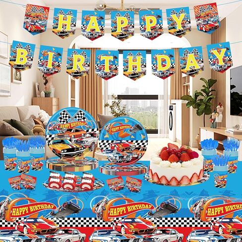 Monster Truck Birthday Decorations Tableware 170pcs Racing Car Theme Party Supplies Set Include Banner, Plates, Plates, Napkins, Cups, Forks, Spoons, Knives and Tablecloth Kit for Serve 24 Guests in Saudi Arabia