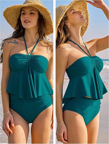ZAFUL Womens 2025 Two Piece Bathing Suits Halter Bandeau Self-Tied Tankini Set Swim Top with Bottom Tummy Control Swimsuit in Saudi Arabia