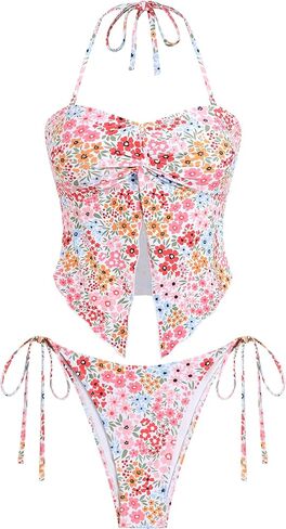 Zaful Floral Twist Bikini مجموعة للنساء Halter Tankini Tank Side String Swimsuit بدلة السباحة قطعتين in Saudi Arabia