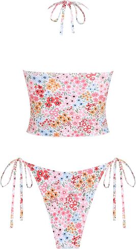 Zaful Floral Twist Bikini مجموعة للنساء Halter Tankini Tank Side String Swimsuit بدلة السباحة قطعتين in Saudi Arabia