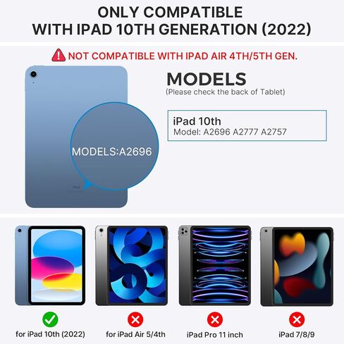 حافظة لجهاز iPad الجيل العاشر مع لوحة مفاتيح (10.9 بوصة، 2022)، 11 لونًا خلفيًا، قابل للدوران 360 درجة، رفيع وخفيف لجهاز iPad الجيل العاشر 10.9، أسود داكن in Kuwait